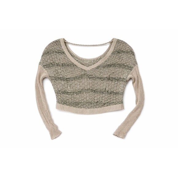 Free People Open Knit Cropped Sweater Boho V Back Top - Picture 3 of 6